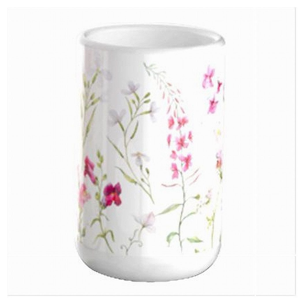 foto del prodotto trade shop bicchiere porta spazzolino bianco con fiori in ceramica accessorio bagno 69918 