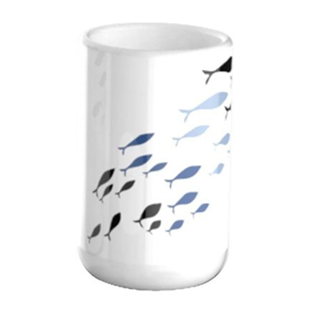 foto del prodotto trade shop bicchiere porta spazzolino bianco con pesciolini in ceramica arredo bagno 69876 
