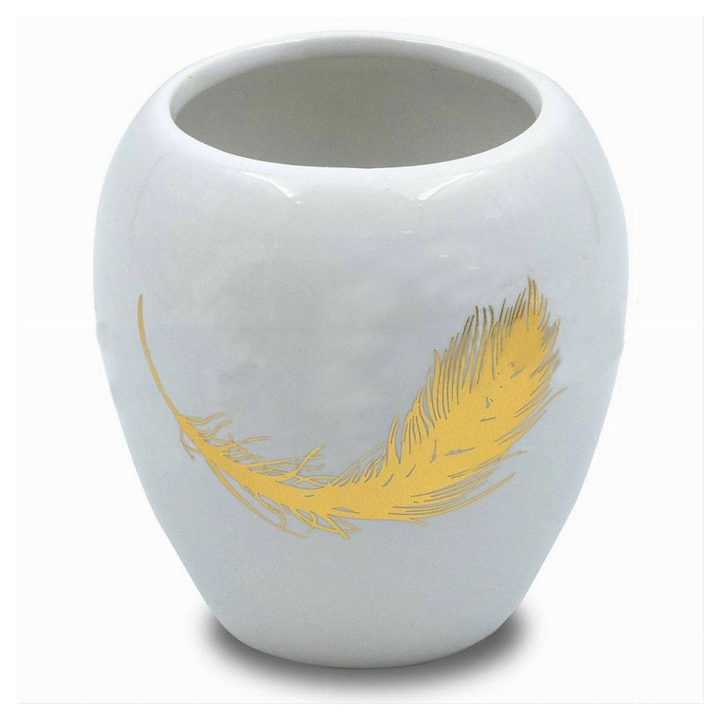 foto del prodotto trade shop bicchiere portaspazzolini in ceramica bianca con piuma oro accessori bagno 59895 
