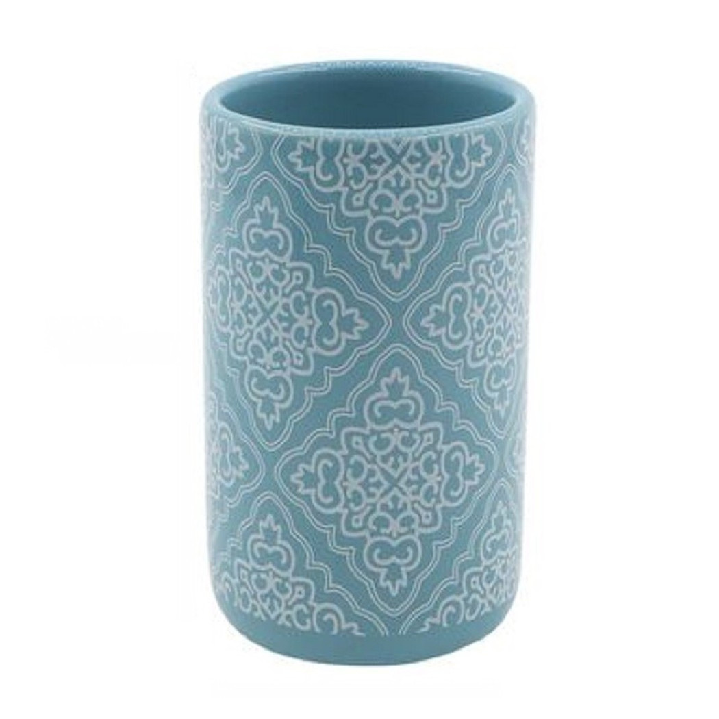 foto del prodotto trade shop bicchiere portaspazzolino azzurro con maioliche accessori bagno 6.8x10.8cm 87022 