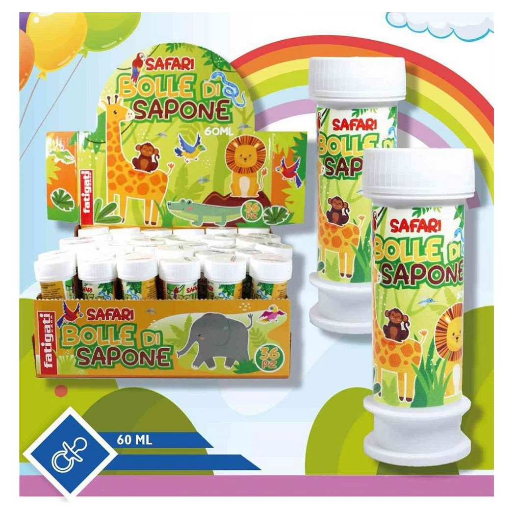 foto del prodotto trade shop bolle di sapone safari 36 pezzi flaconi da 60 ml per festa bambini giochi 442072 