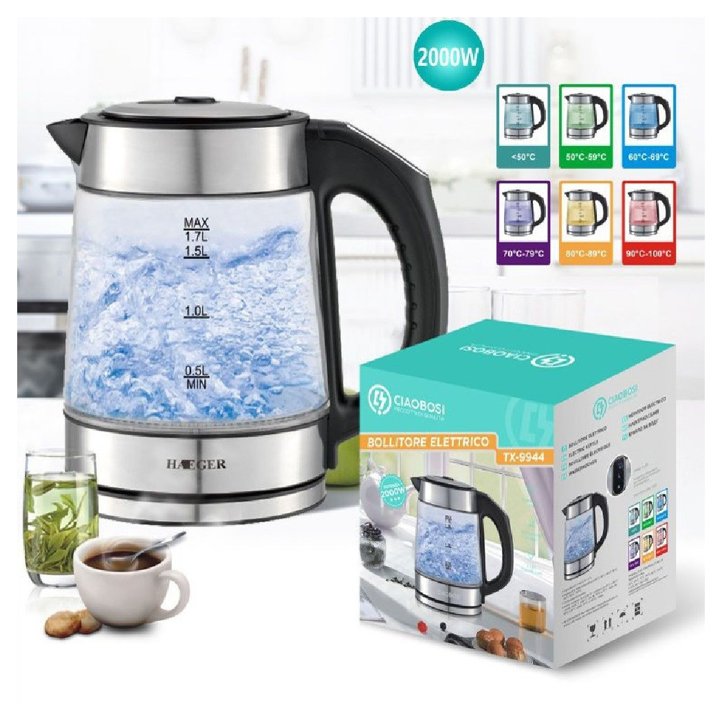foto del prodotto trade shop bollitore elettrico in vetro capacit 1,7 lt 2000 w acqua ufficio viaggi tx 9944 