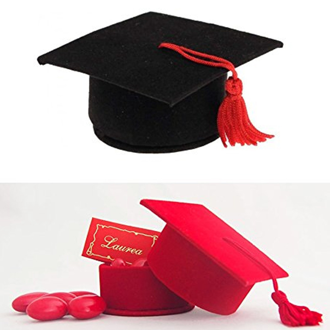 foto del prodotto trade shop bomboniera a forma di cappello rosso o nero portaconfetti porta confetti laurea 