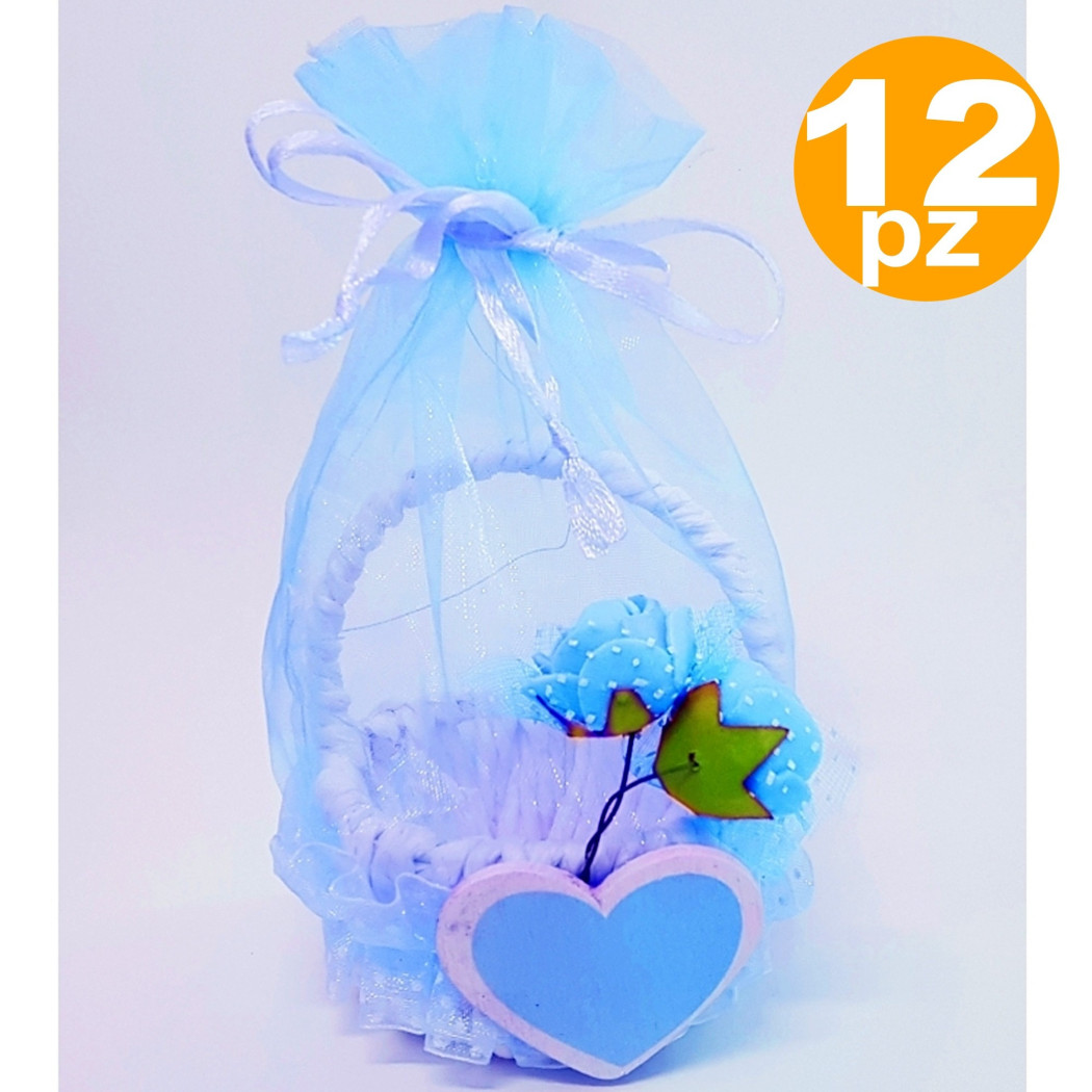 foto del prodotto trade shop bomboniere cestino azzurro cuore sacchetto organza confetti nascita battesimo 