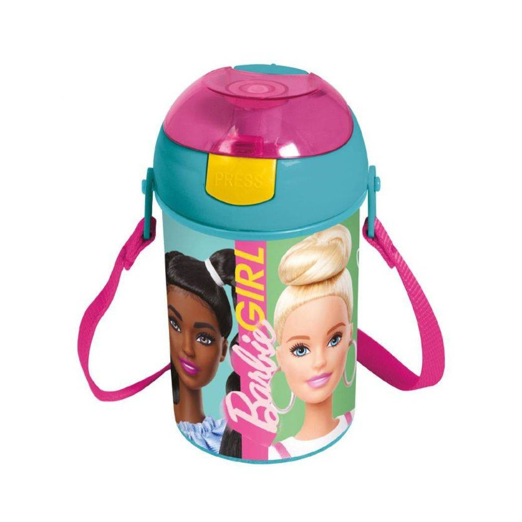 foto del prodotto trade shop borraccia barbie bambine con tracolla con tappo a pulsante in plastica 450ml 