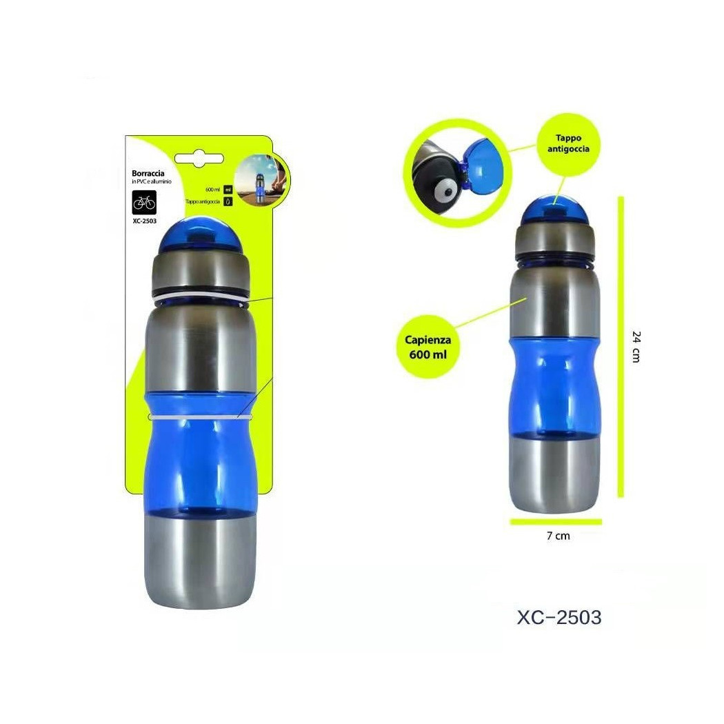 foto del prodotto trade shop borraccia in pvc alluminio con tappo antigoccia capienza 600ml per bici xc 2503 