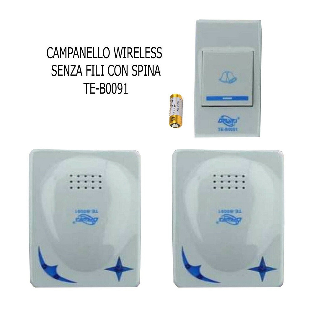 foto del prodotto trade shop campanello senza fili da esterno wireless 1 trasmettitore 2 ricevitori spina 91 