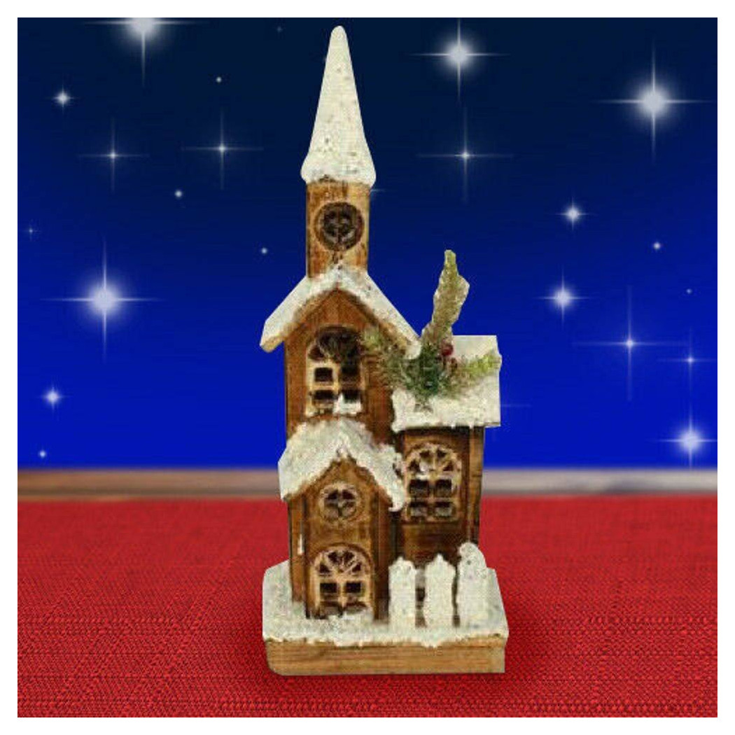foto del prodotto trade shop campanile legno innevato con luci gialle altezza 41 cm decorazioni natalizie 