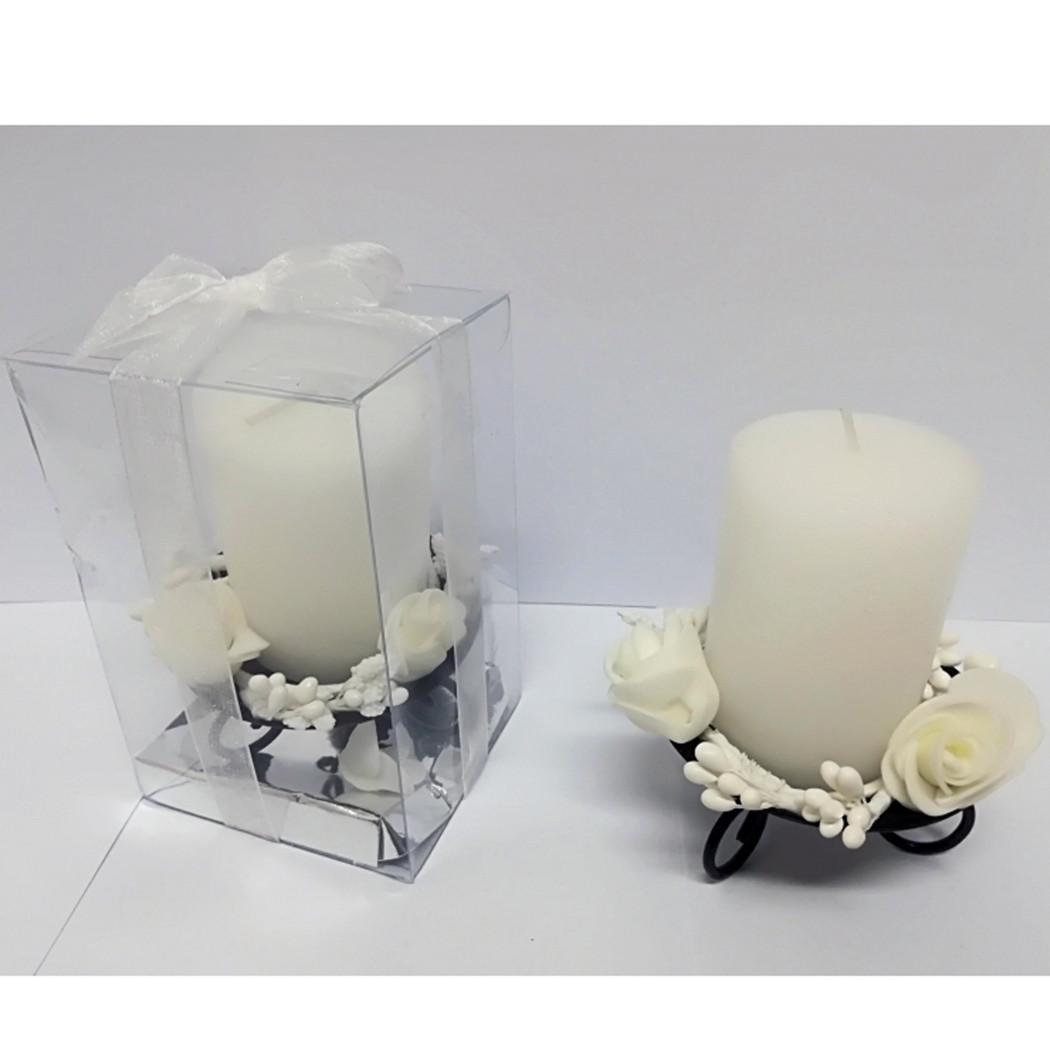 foto del prodotto trade shop candela cilindro supporto metallo rose bianco confezione bomboniera matrimonio 