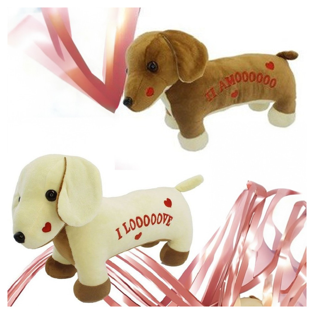 foto del prodotto trade shop cane in peluche con scritta e cuoricini 31cm san valentino colori assortiti 95073 
