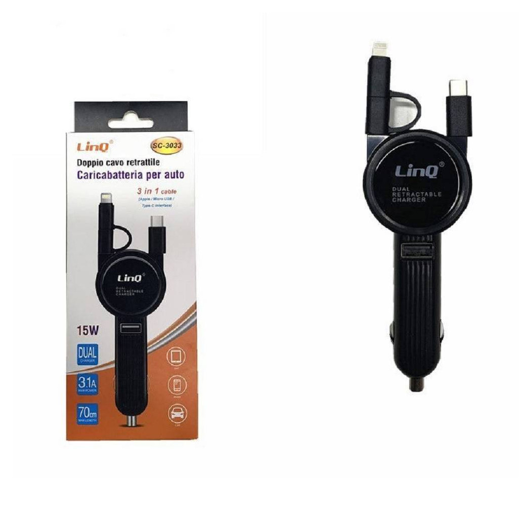 foto del prodotto trade shop caricabatteria da auto 3in1 cavo retrattile micro usb type c lightning sc 3033 