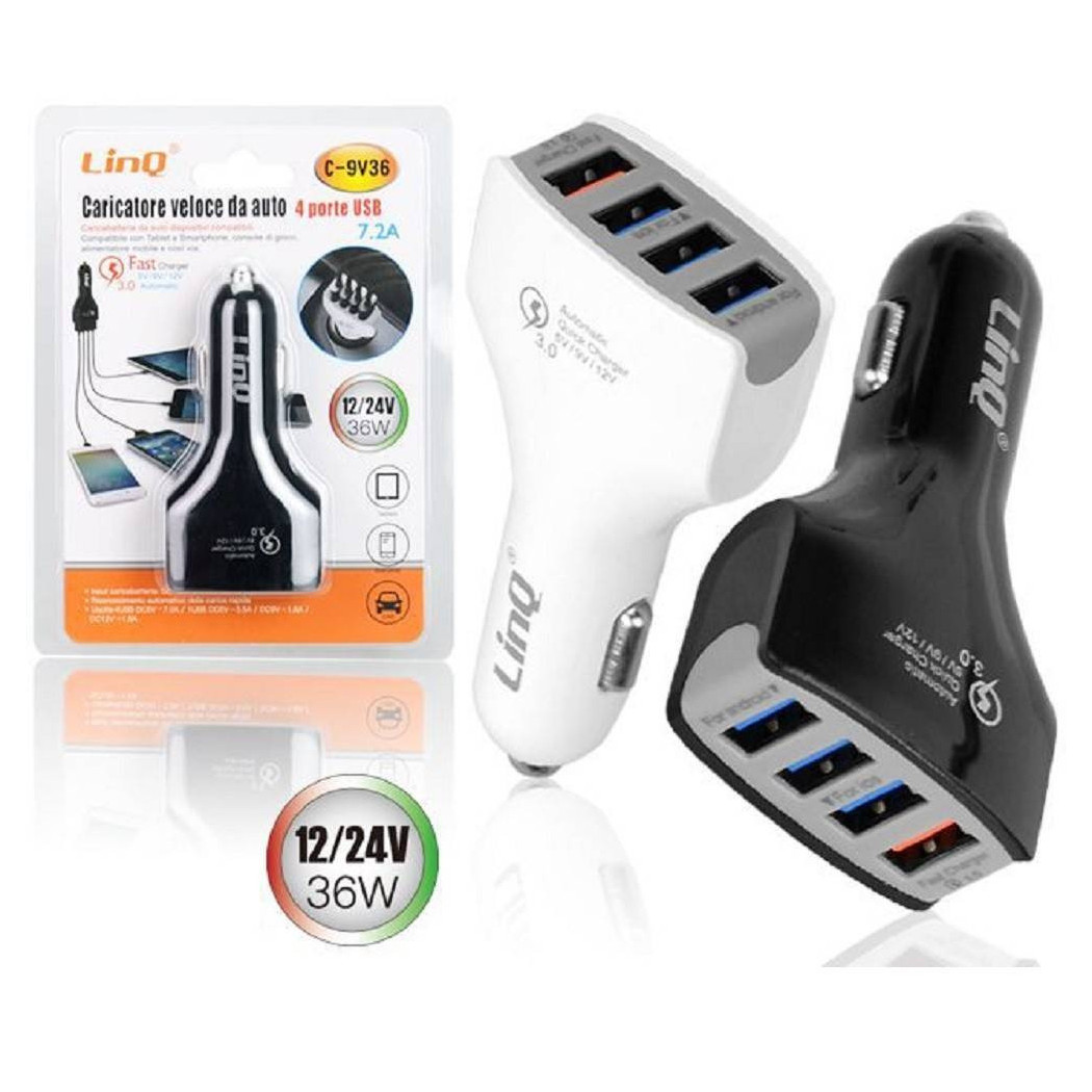 foto del prodotto trade shop caricabatteria da auto ricarica veloce 4 porte usb 5v 9v 12v 24v 7.2a 36w c 9v36 