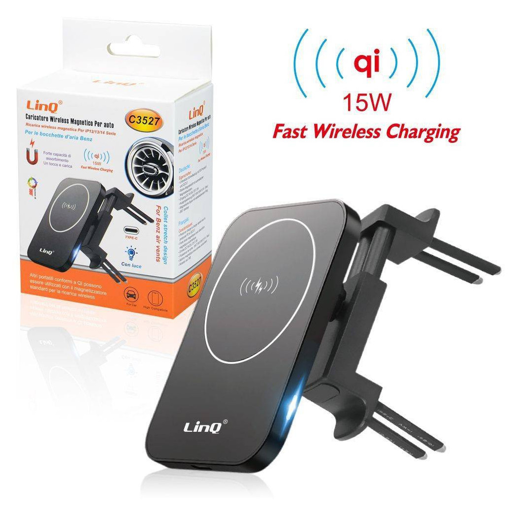 foto del prodotto trade shop caricabatteria wireless auto qi 15w smartphone presa aria mercedes benz luce c3527 