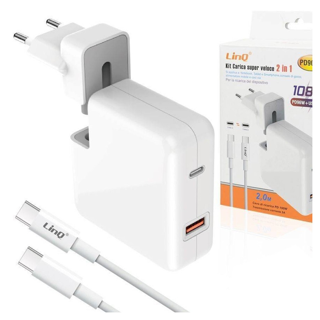 foto del prodotto trade shop - caricabatterie 2in1 super veloce pd96w usb12w type-c notebook smartphone pd9080 -