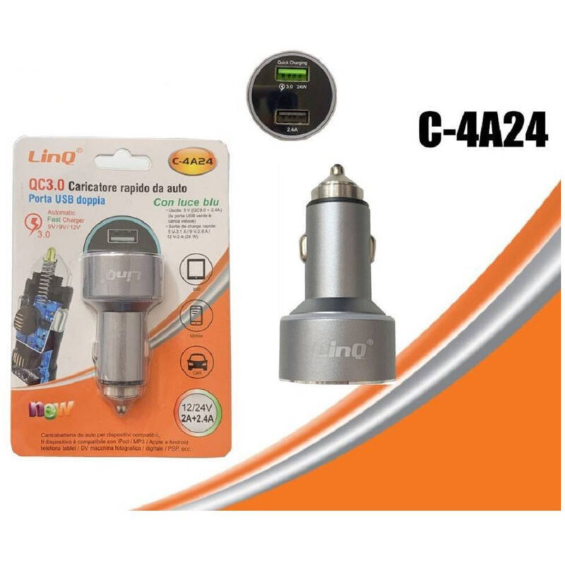 foto del prodotto trade shop caricabatterie alimentatore caricatore da auto 2 usb 2a 2.4a con luce blu c 4a24 