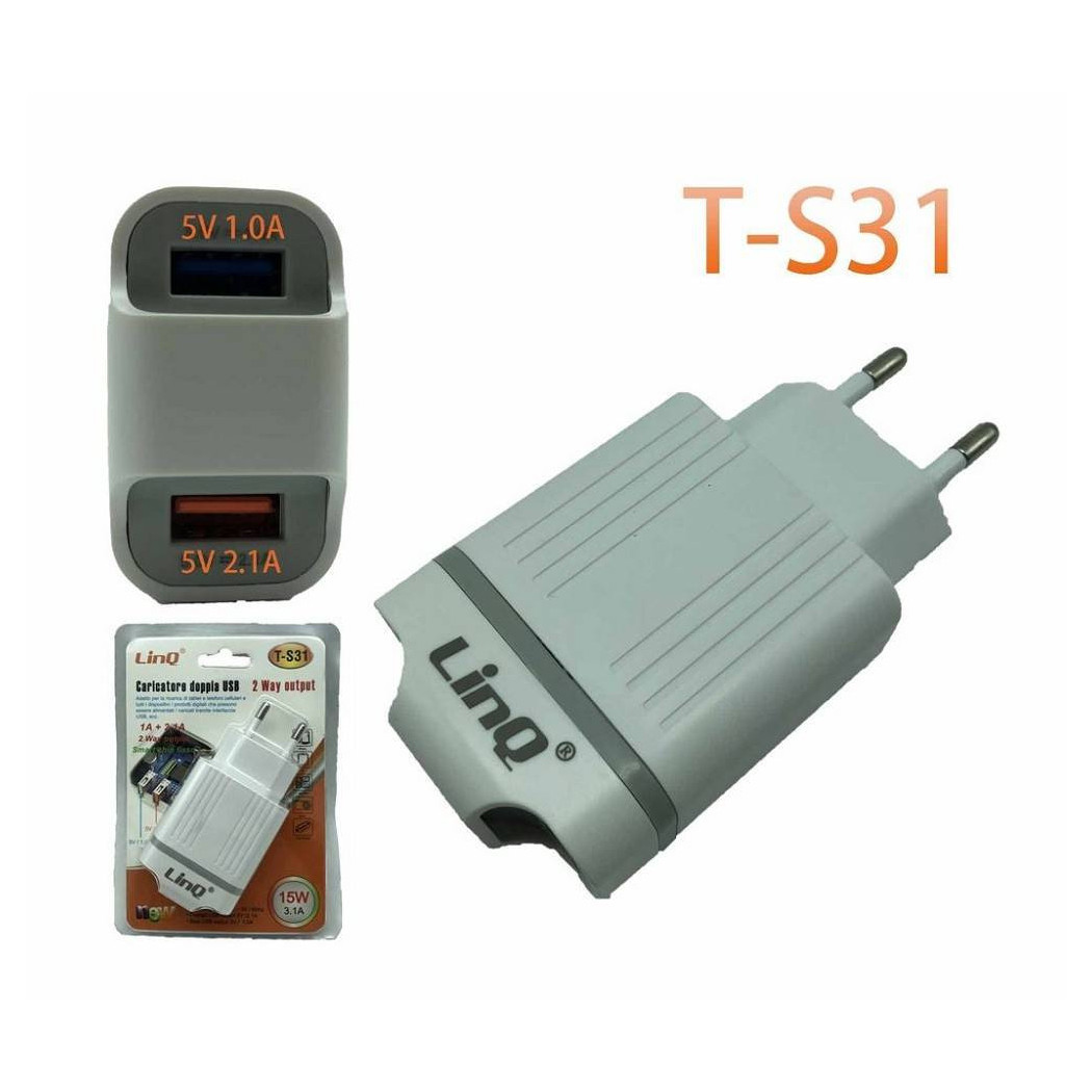 foto del prodotto trade shop caricabatterie alimentatore doppia usb 1a 2.1a 5v 15w smartphone tablet t s31 