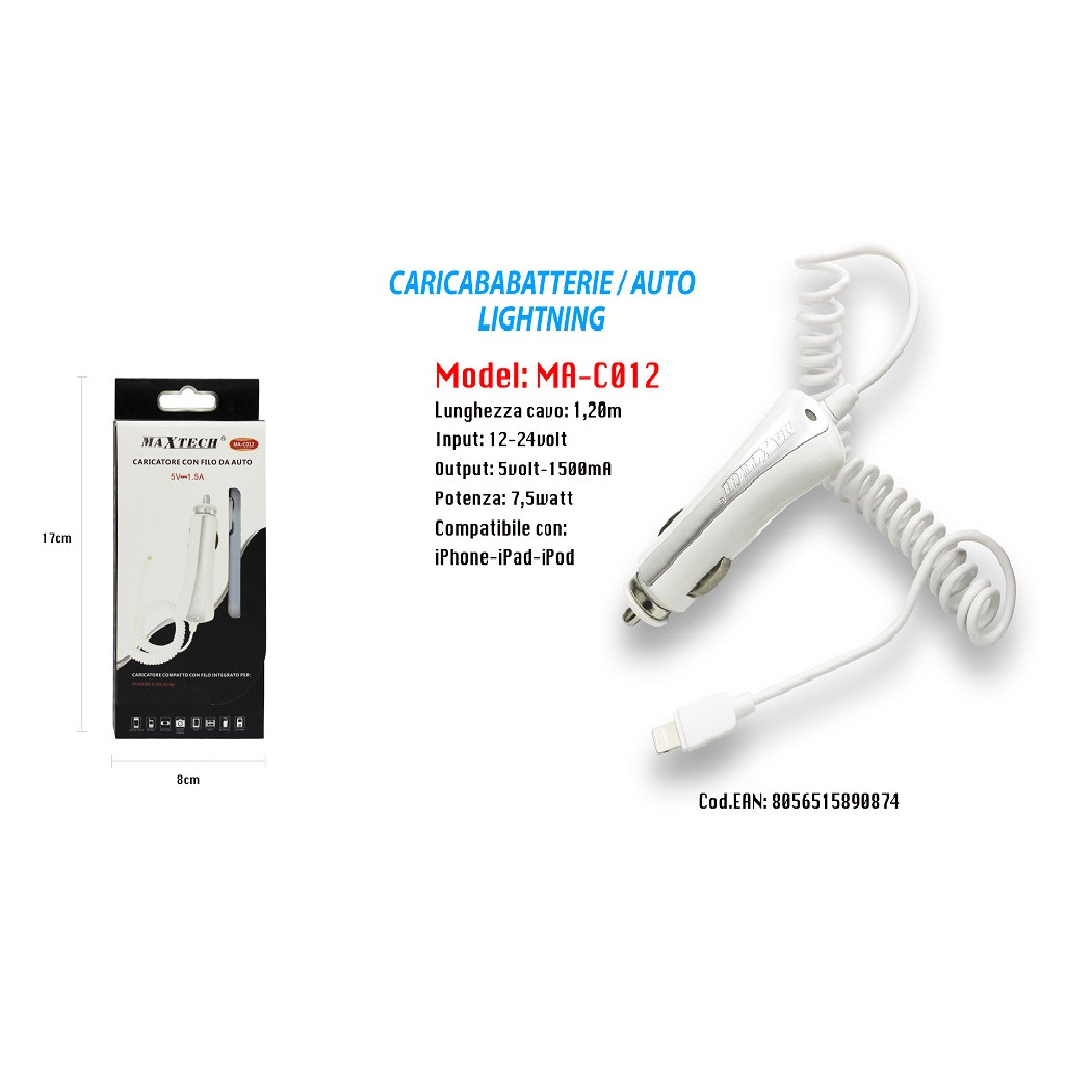 foto del prodotto trade shop caricatore per auto usb smartphone caricabatteria ricarica 5v 1000ma cavo apple 