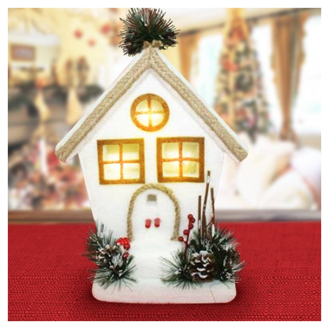 foto del prodotto trade shop casetta con rametti bacche e pigne con luce a pile 32cm decorazioni natalizie 