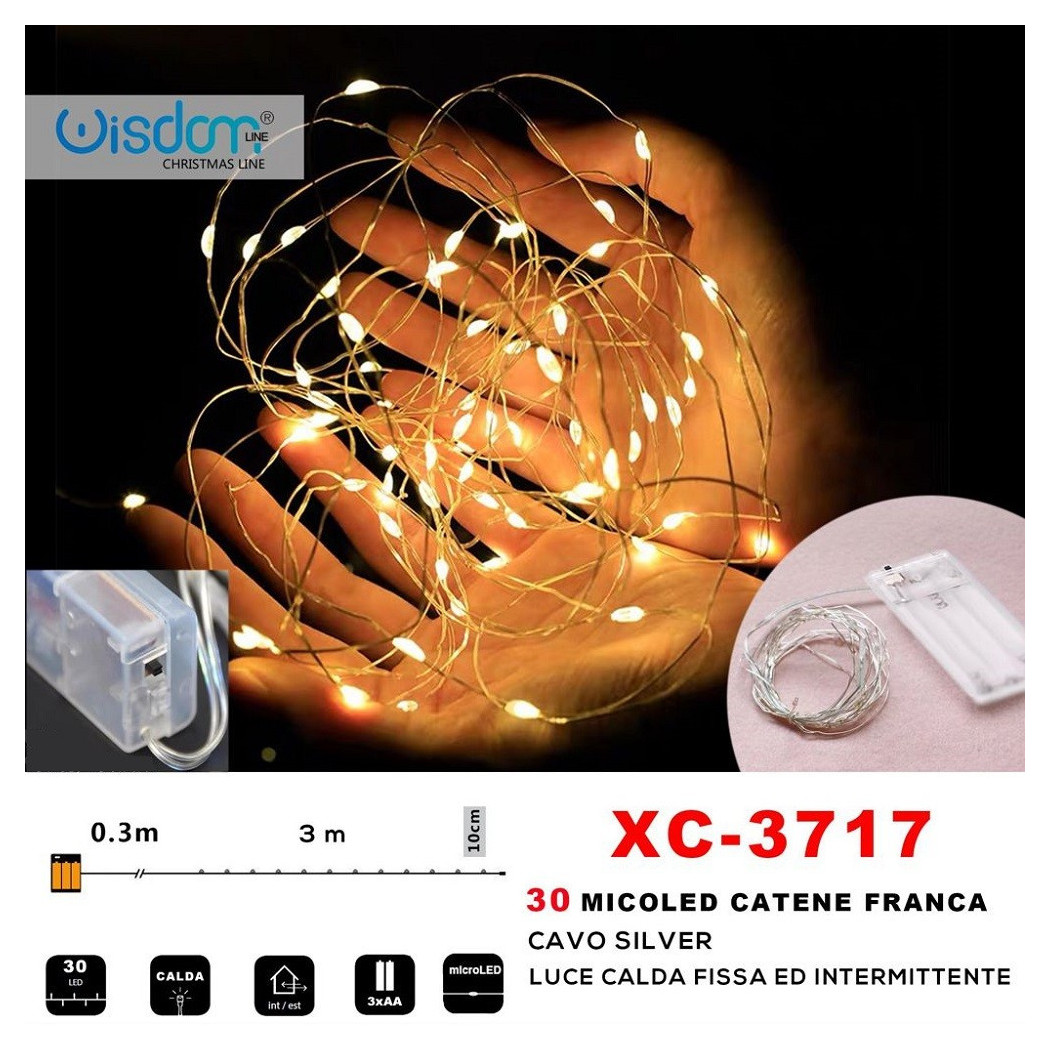 foto del prodotto trade shop catena 30 microled a batteria cavo silver luce calda fissa intermittente xc 3717 