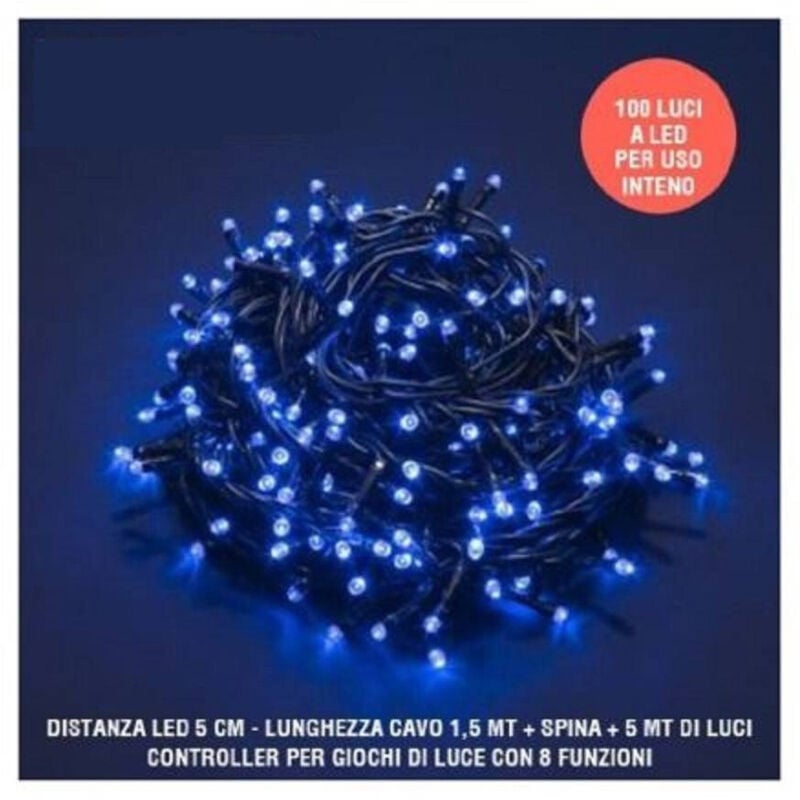 foto del prodotto trade shop catena luci a led natalia 100 led lucciole blu con controller 8 funzioni interno 