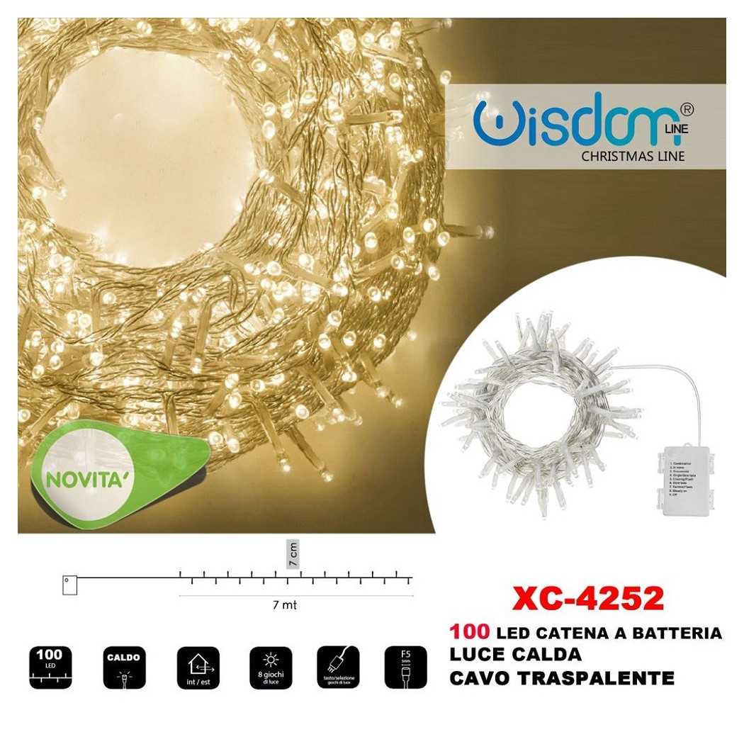 foto del prodotto trade shop catena luminosa 100led lucciole con batteria cavo trasparente luce calda xc 4252 