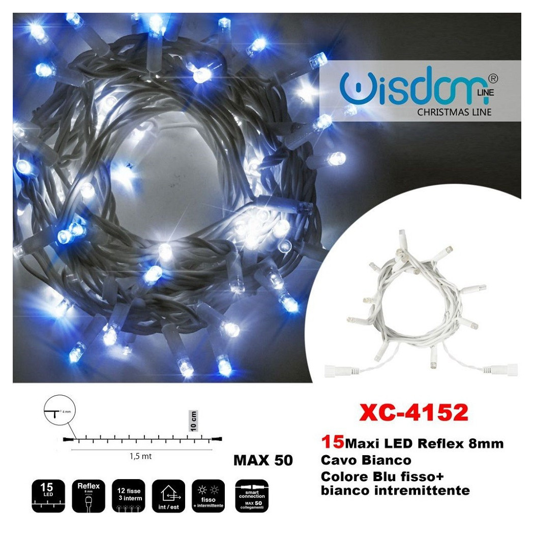 foto del prodotto trade shop catena luminosa 15 luci led lucciole blu fisso bianco intermittente xc 4152 