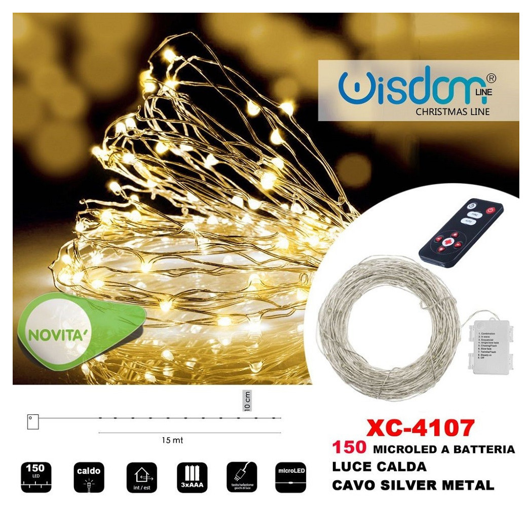 foto del prodotto trade shop catena luminosa 150 microled a batteria cavo silver metal luce calda xc 4107 
