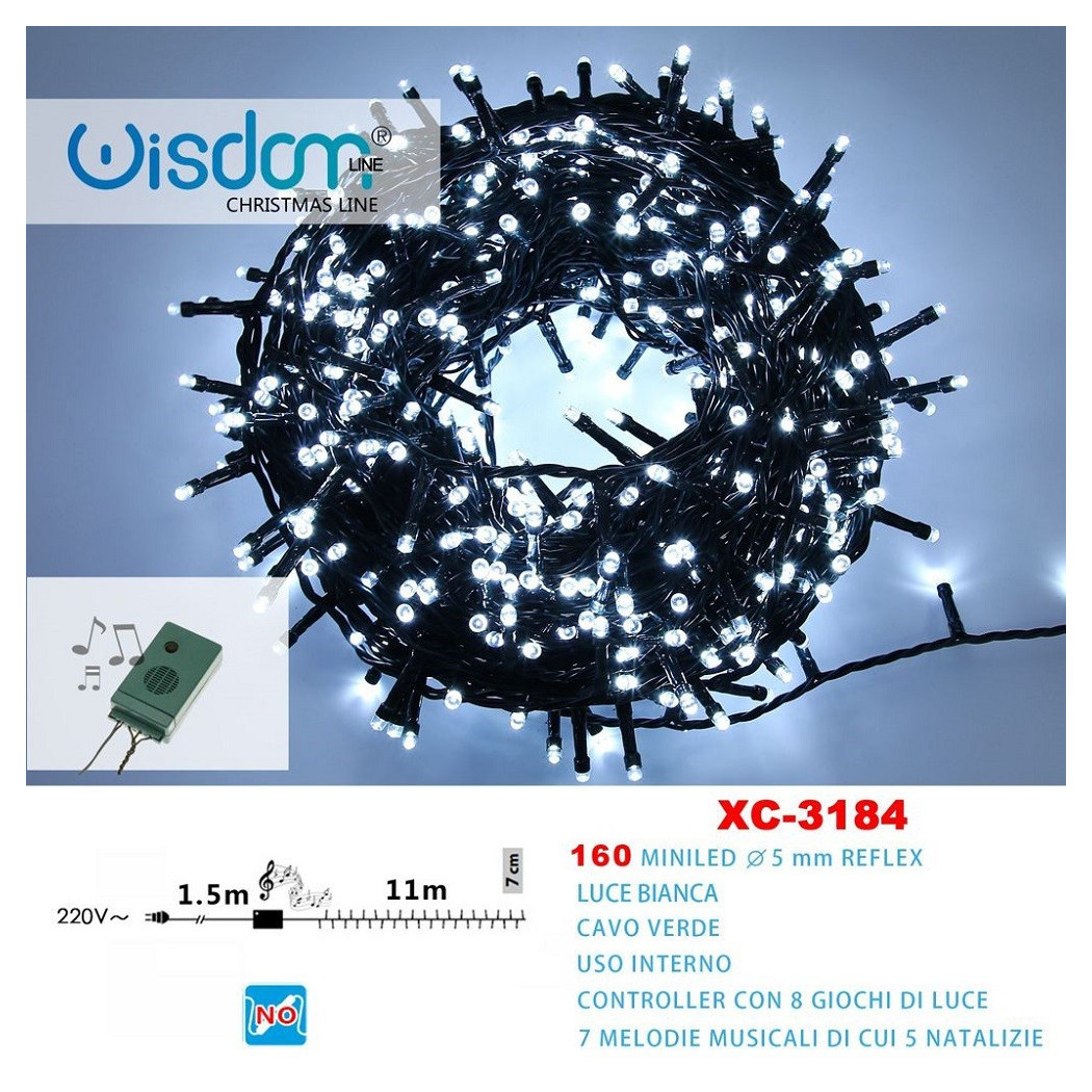 foto del prodotto trade shop catena luminosa 160miniled luce bianca cavo verde 7 melodie 8 giochi luce xc3184 