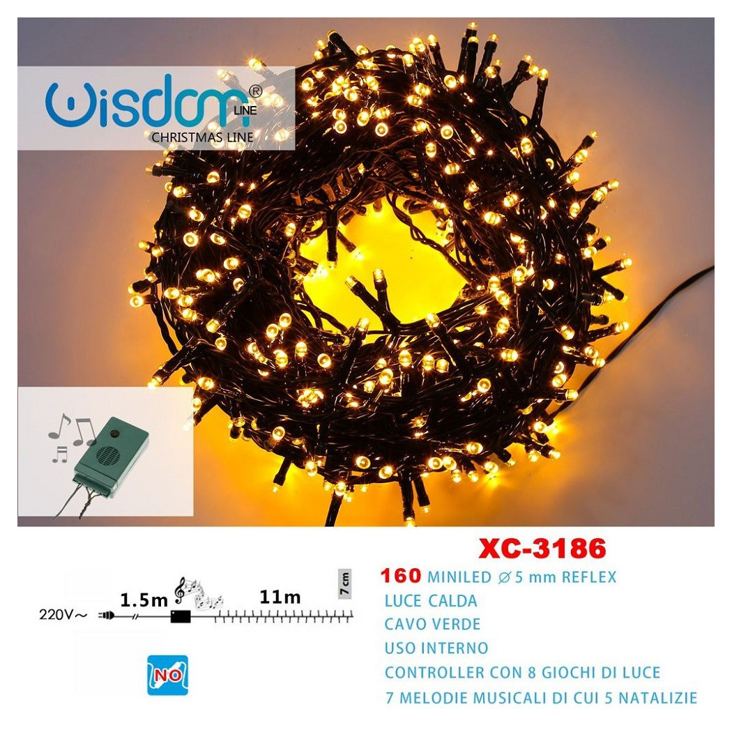foto del prodotto trade shop catena luminosa 160miniled luce calda cavo verde 7 melodie 8 giochi luce xc 3186 