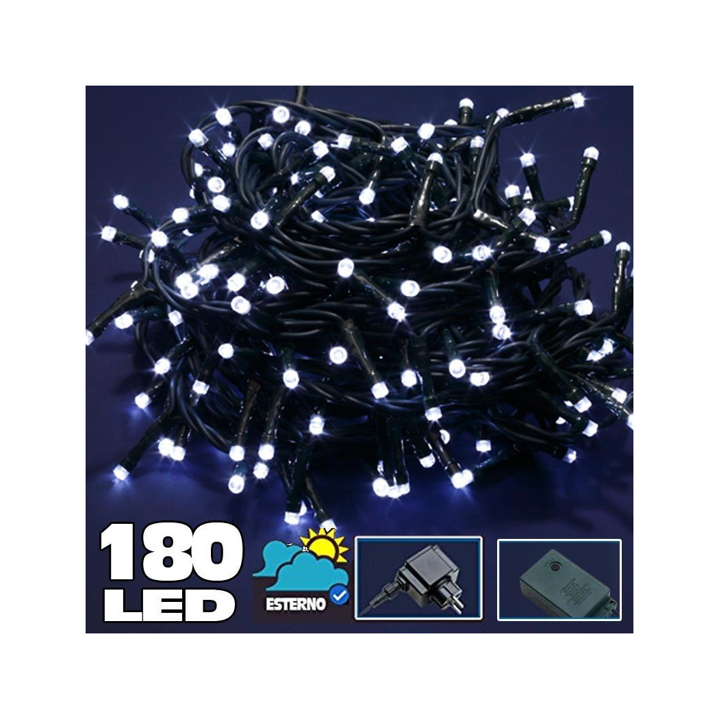 foto del prodotto trade shop catena luminosa 180 led luci bianco freddo per esterno controller 8 funzioni 24v 