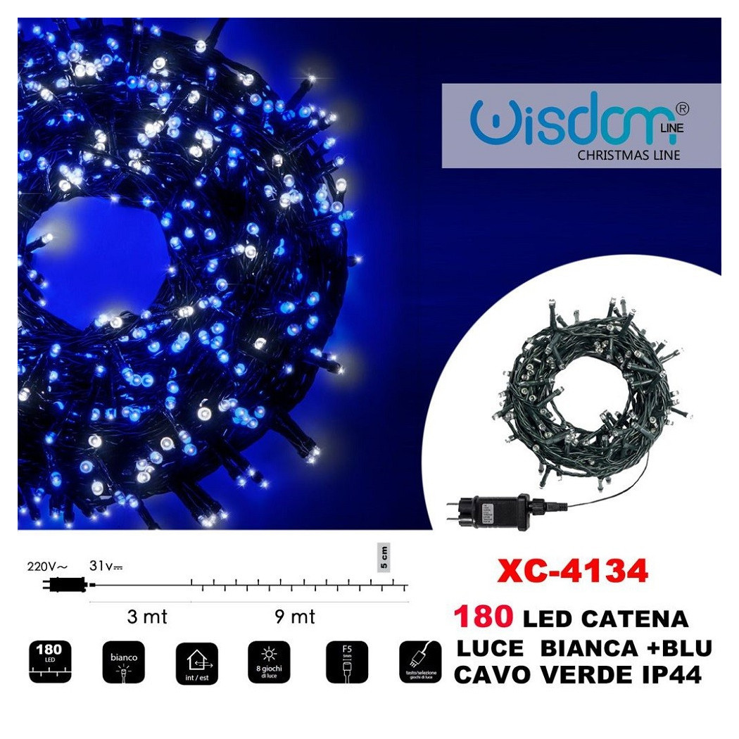 foto del prodotto trade shop catena luminosa 180 luci led lucciole luce bianca blu cavo verde ip44 xc 4134 