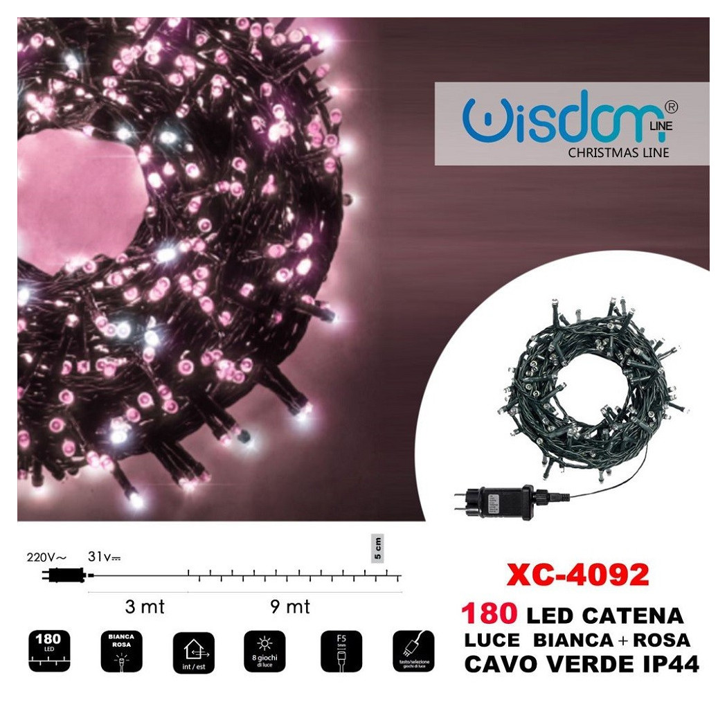foto del prodotto trade shop catena luminosa 180 luci led lucciole luce bianca rosa cavo verde ip44 xc 4092 