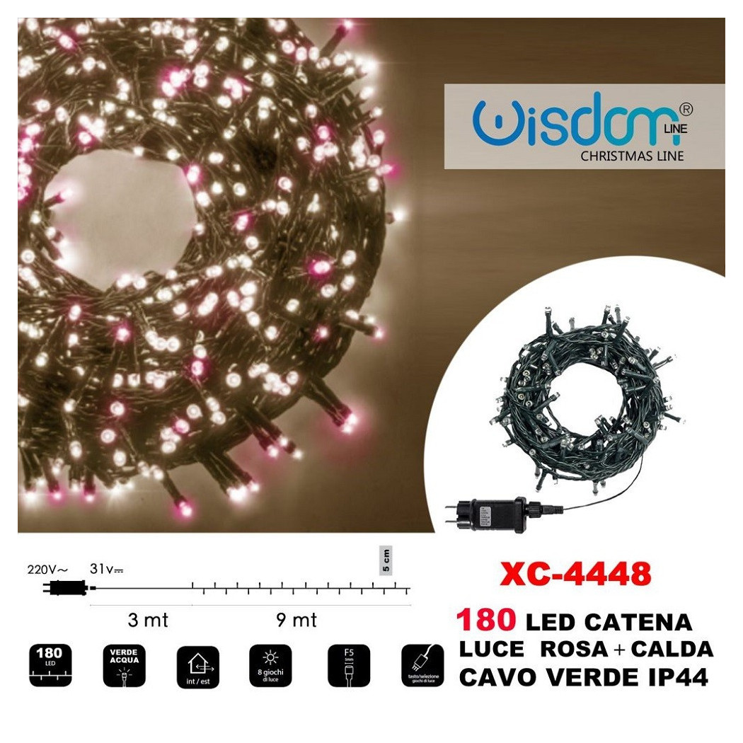 foto del prodotto trade shop catena luminosa 180 luci led lucciole luce rosa calda cavo verde ip44 xc 4448 