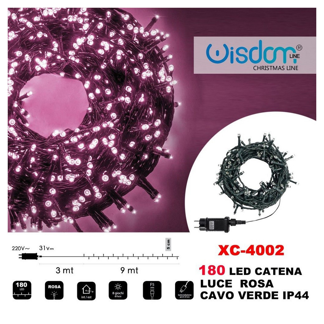 foto del prodotto trade shop catena luminosa 180 luci led lucciole luce rosa cavo verde ip44 xc 4002 