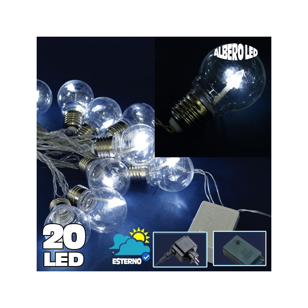 foto del prodotto trade shop catena luminosa 20 bulbi forma lampadina trasparente a led bianco freddo albero 