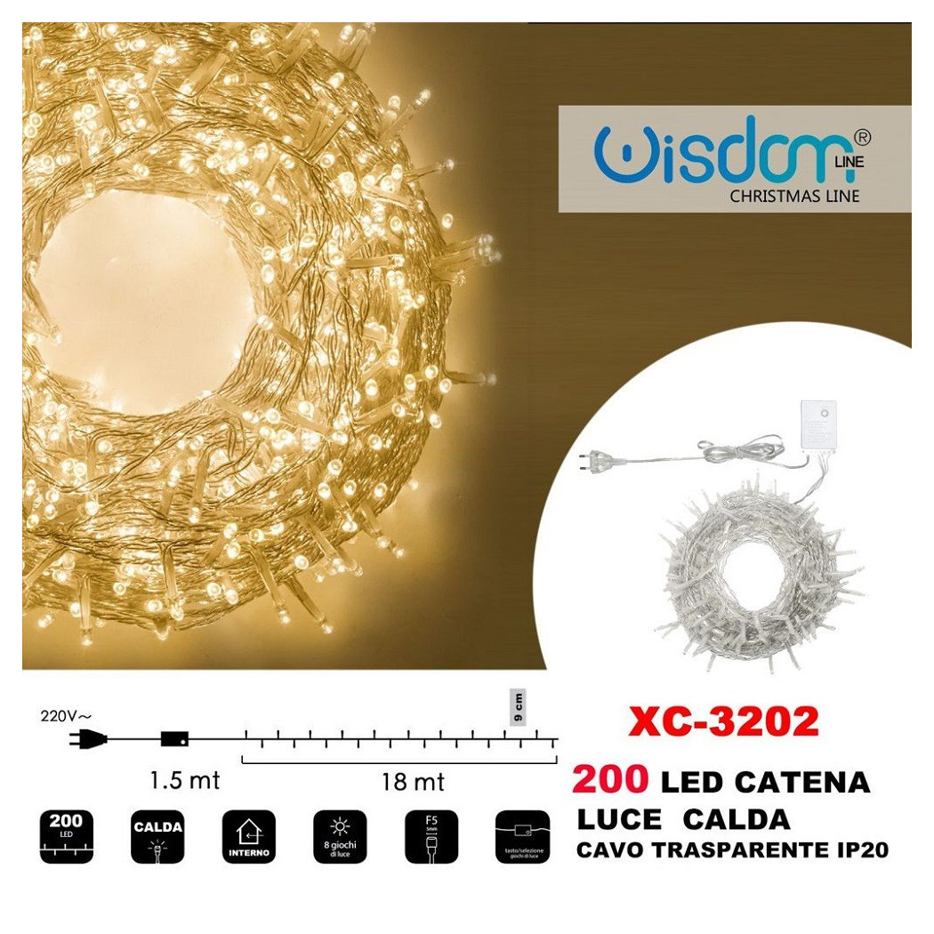 foto del prodotto trade shop catena luminosa 200 luci led lucciole luce calda cavo trasparente ip20 xc 3202 