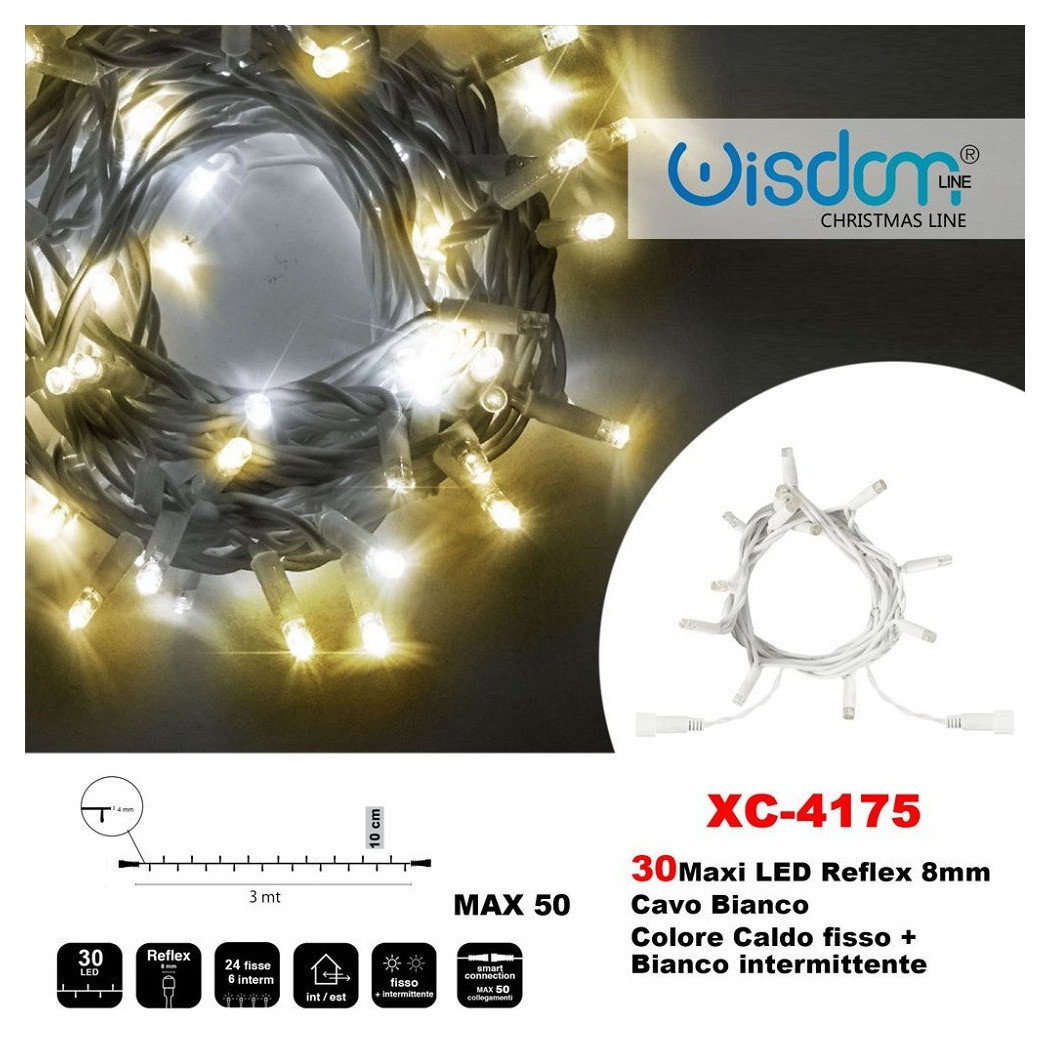 foto del prodotto trade shop catena luminosa 30 luci led lucciole caldo fisso bianco intermittente xc 4175 