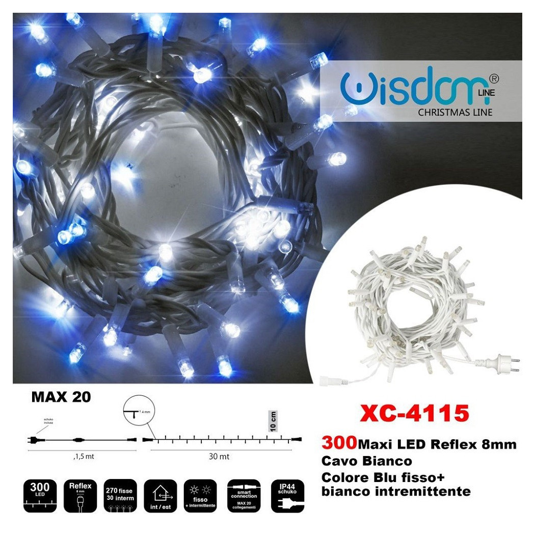 foto del prodotto trade shop catena luminosa 300 luci led lucciole blu fisso bianco intermittente xc 4115 