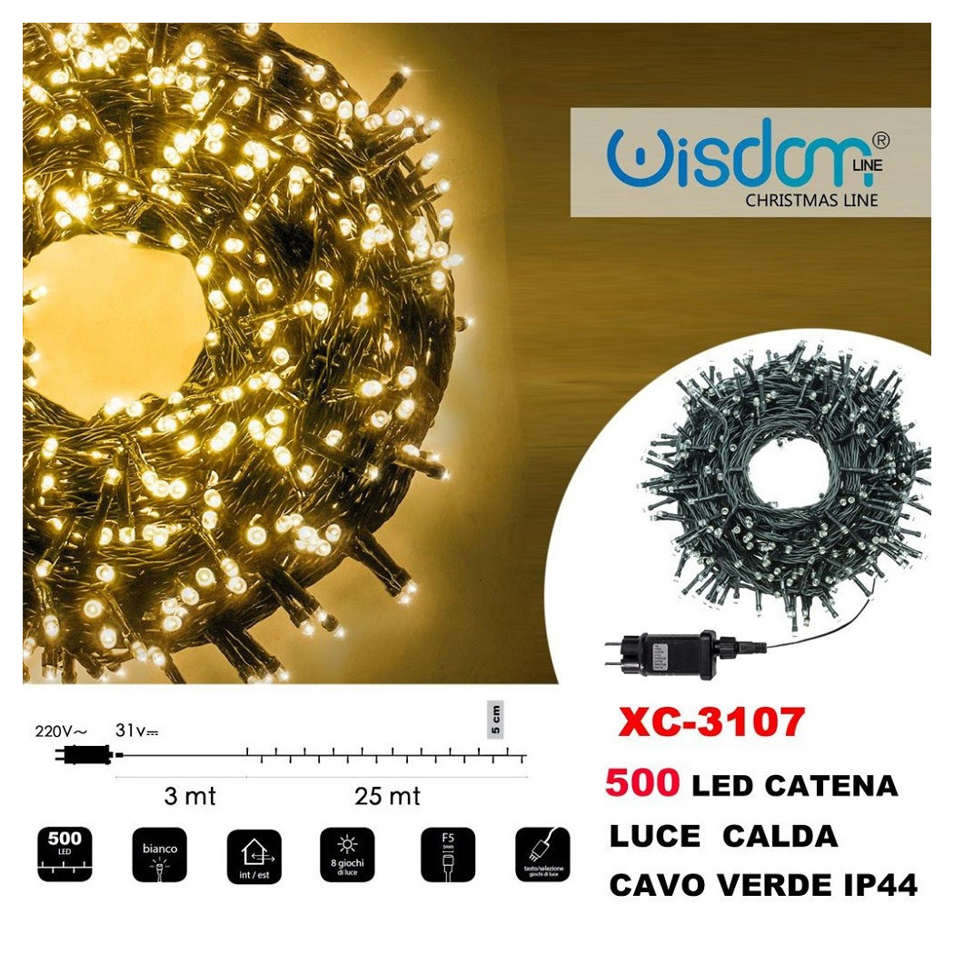 foto del prodotto trade shop catena luminosa 500 luci led lucciole luce calda cavo verde ip44 xc 3107 
