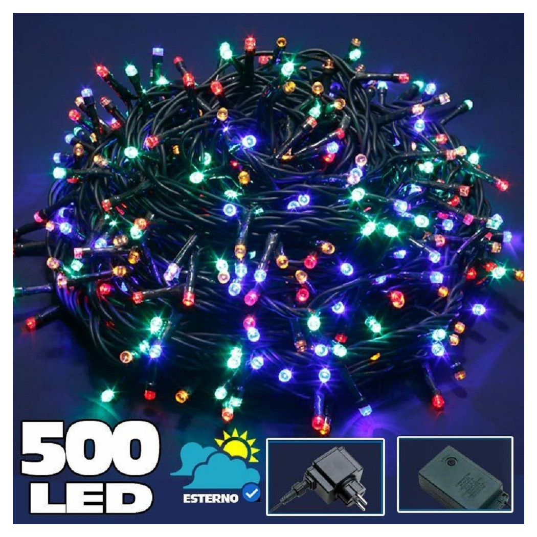 foto del prodotto trade shop catena luminosa 500 luci led lucciole multicolor controller 8 funzioni esterno 