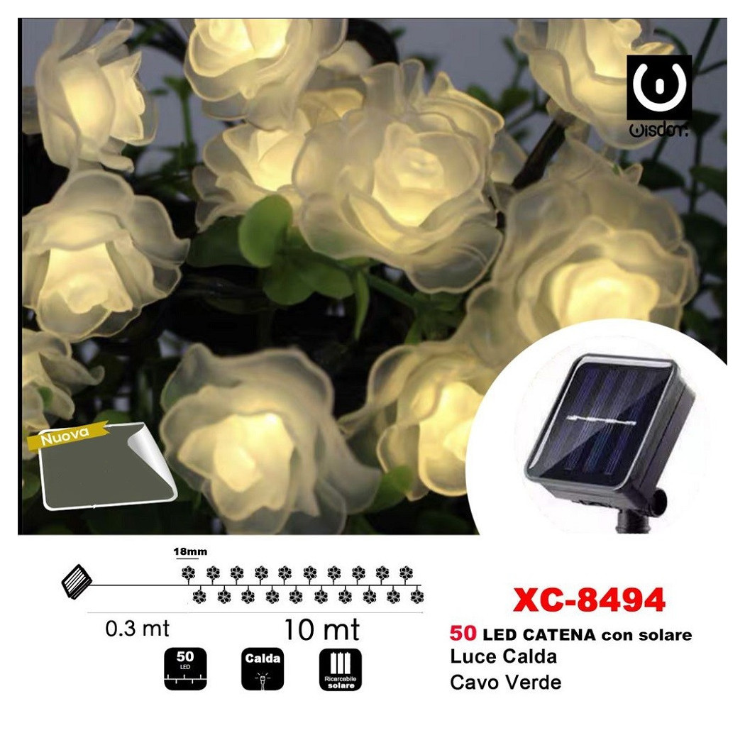 foto del prodotto trade shop catena luminosa 50led rose luminose ricarica ad energia solare luce calda xc 8494 