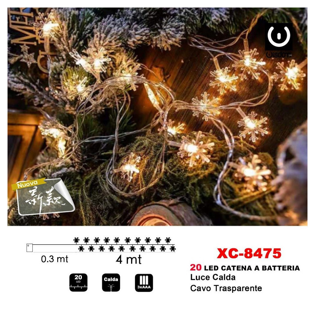 foto del prodotto trade shop catena luminosa fiocchi neve 20led a batteria luce calda cavo traparente xc 8475 