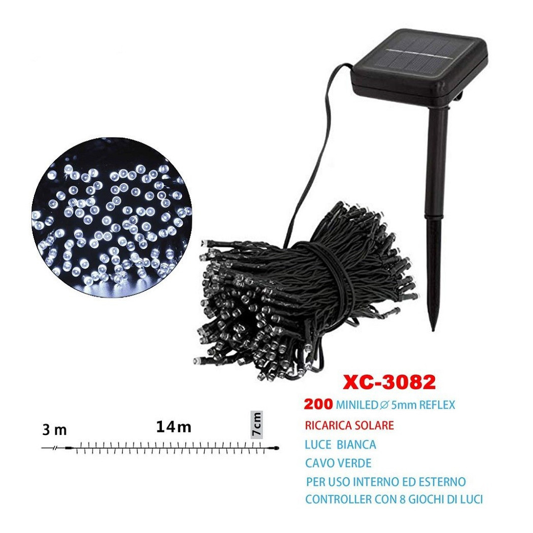 foto del prodotto trade shop catena luminosa natale 200led con ricarica ad energia solare luce bianca xc 3082 