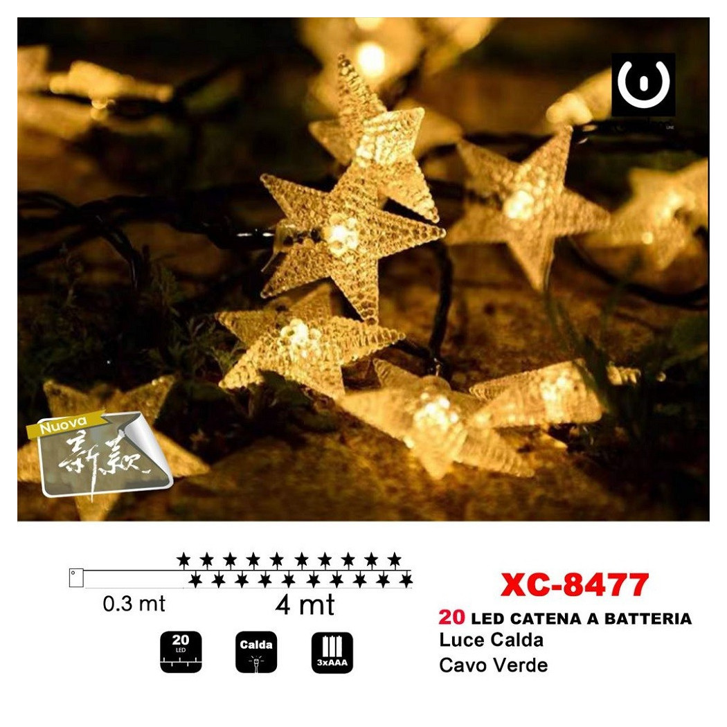 foto del prodotto trade shop catena luminosa stelle 20led a batteria luce calda cavo verde decorazioni xc 8477 