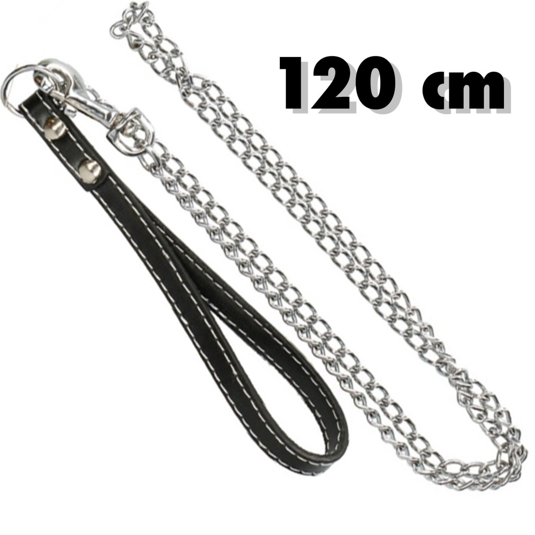 foto del prodotto trade shop catena per cane guinzaglio cani 120cm con gancio acciaio e maniglia in cuoio 