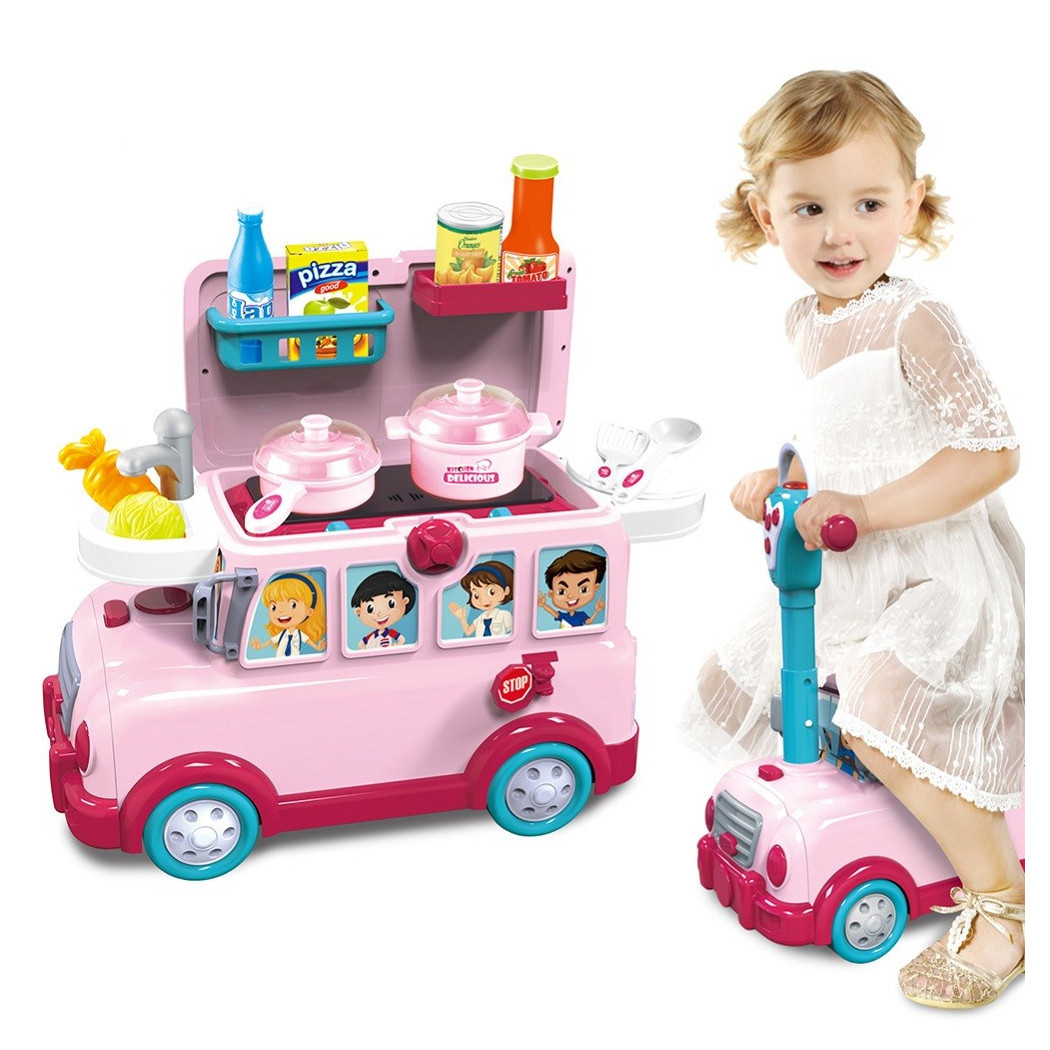 foto del prodotto trade shop cavalcabile trolley schoolbus cucina giocattolo bambini 3in1 luci suoni accessori 