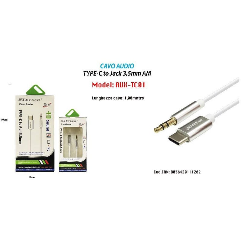 foto del prodotto trade shop cavo adattatore audio cuffie aux jack 3,5mm maschio a type c maxtech aux tc01 