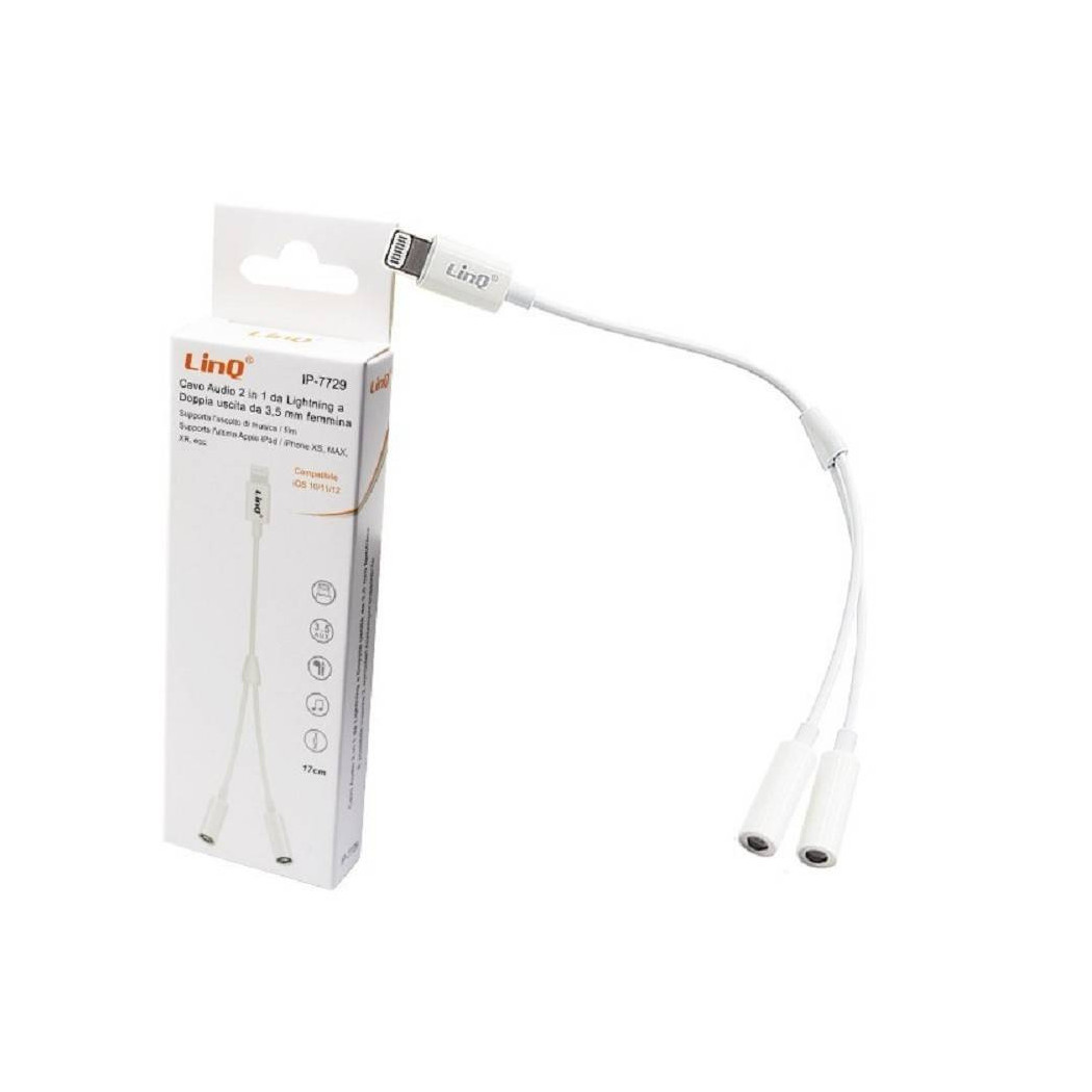 foto del prodotto trade shop cavo adattatore audio da lightning a doppia uscita aux jack 3,5mm femmina ip 7729 