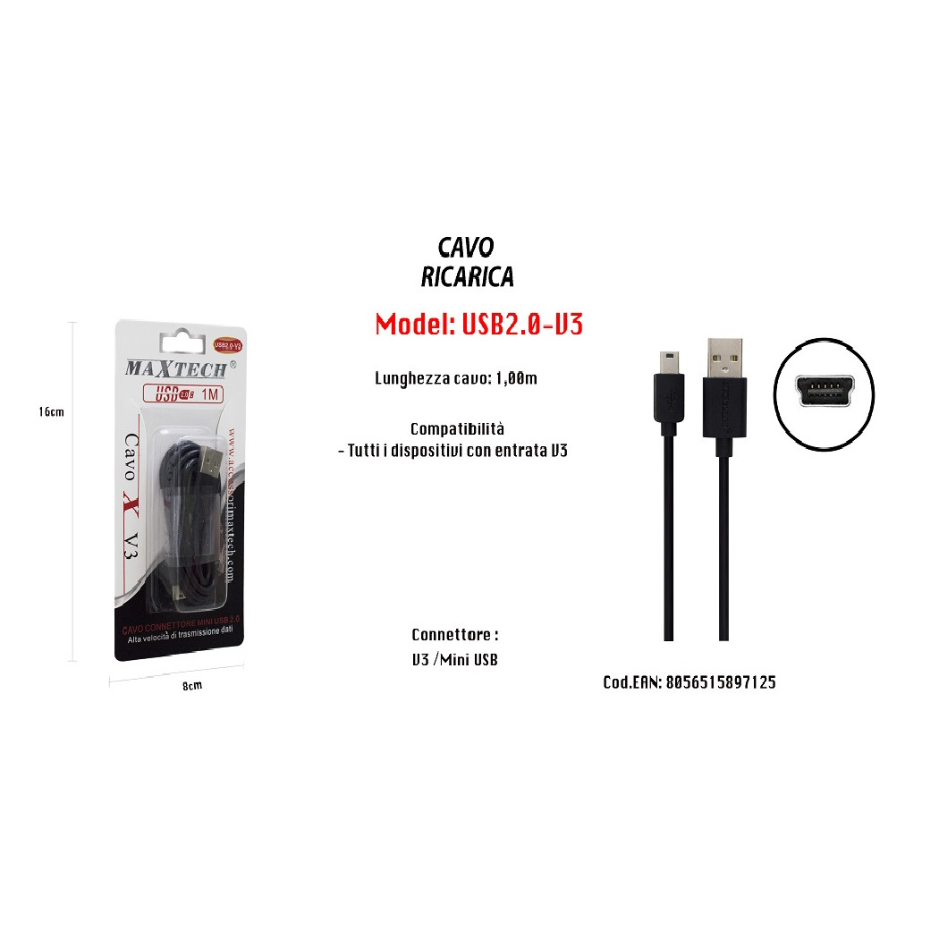 foto del prodotto trade shop cavo caricabatteria caricatore ricarica usb con entrata v3 1mt maxtech usb2.0 v3 