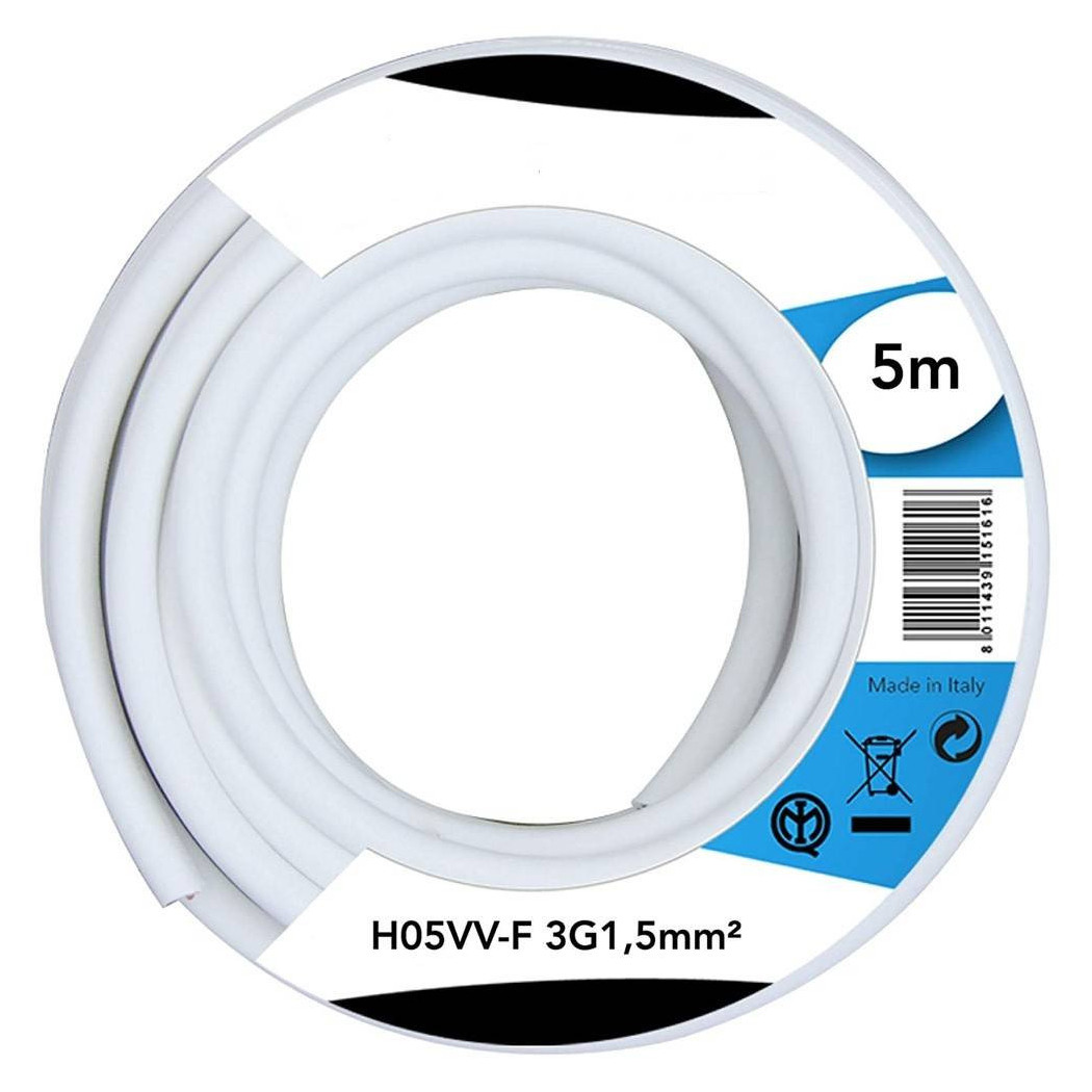 foto del prodotto trade shop cavo elettrico prolunga 5mt 3g1.5 mm h05vv f matassa filo elettrico bianco 